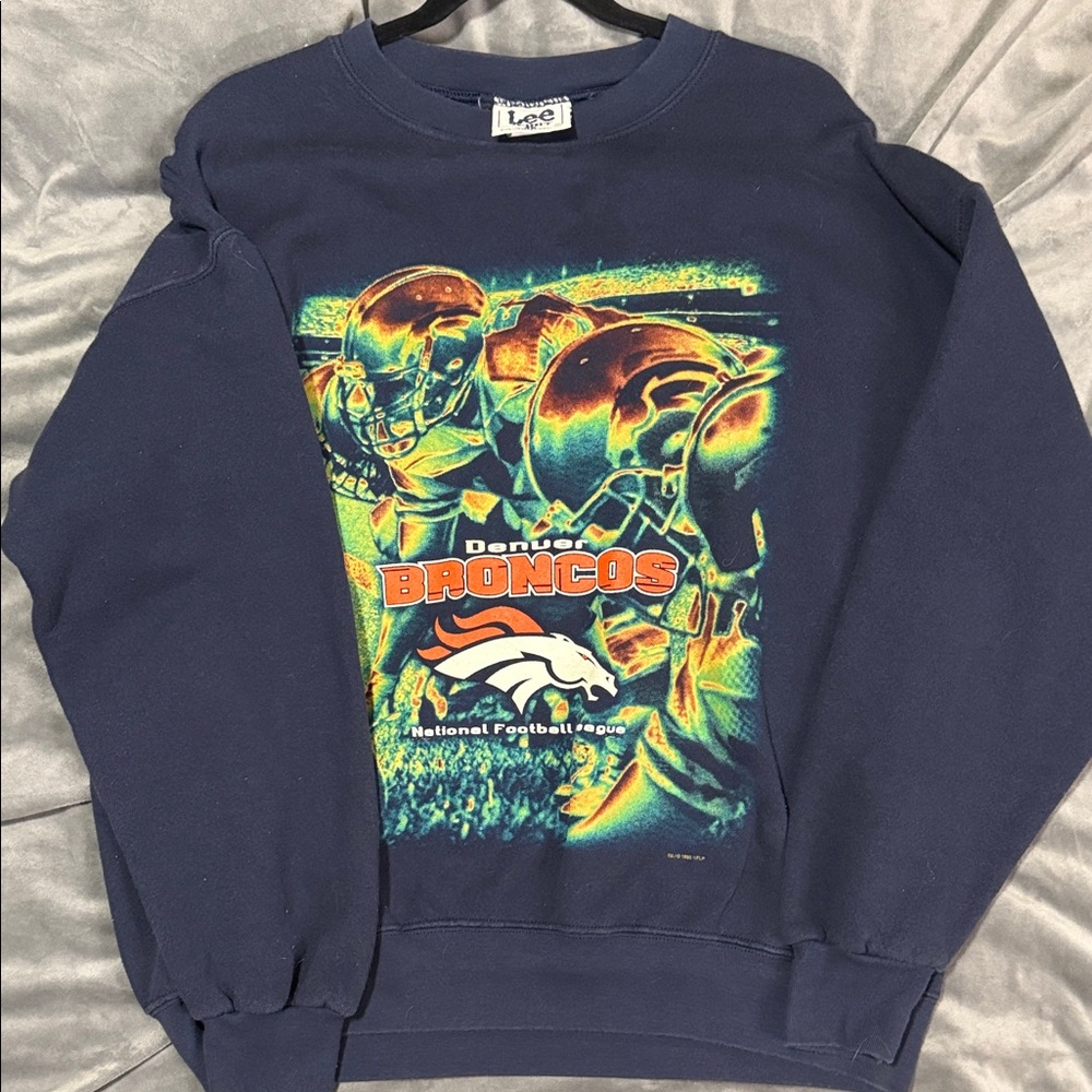 1998 VINTAGE Lee Navy Crewneck with Neon Broncos Graphic